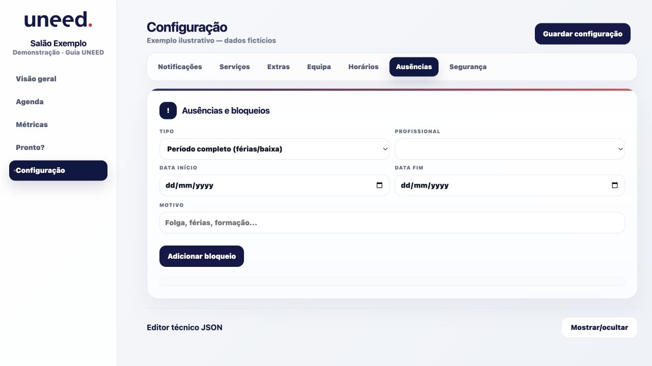 Configuração → Ausências: tipo de bloqueio, profissional e datas.