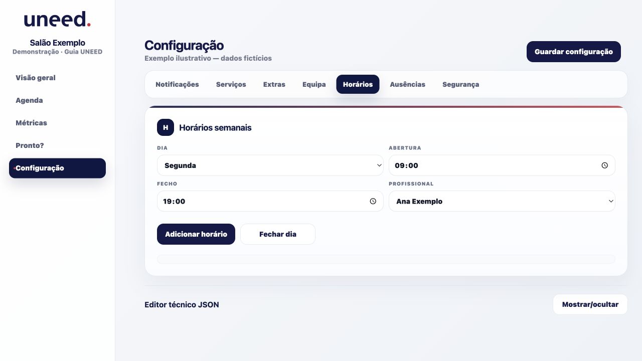 Configuração → Horários: dia da semana, abertura, fecho e profissional.