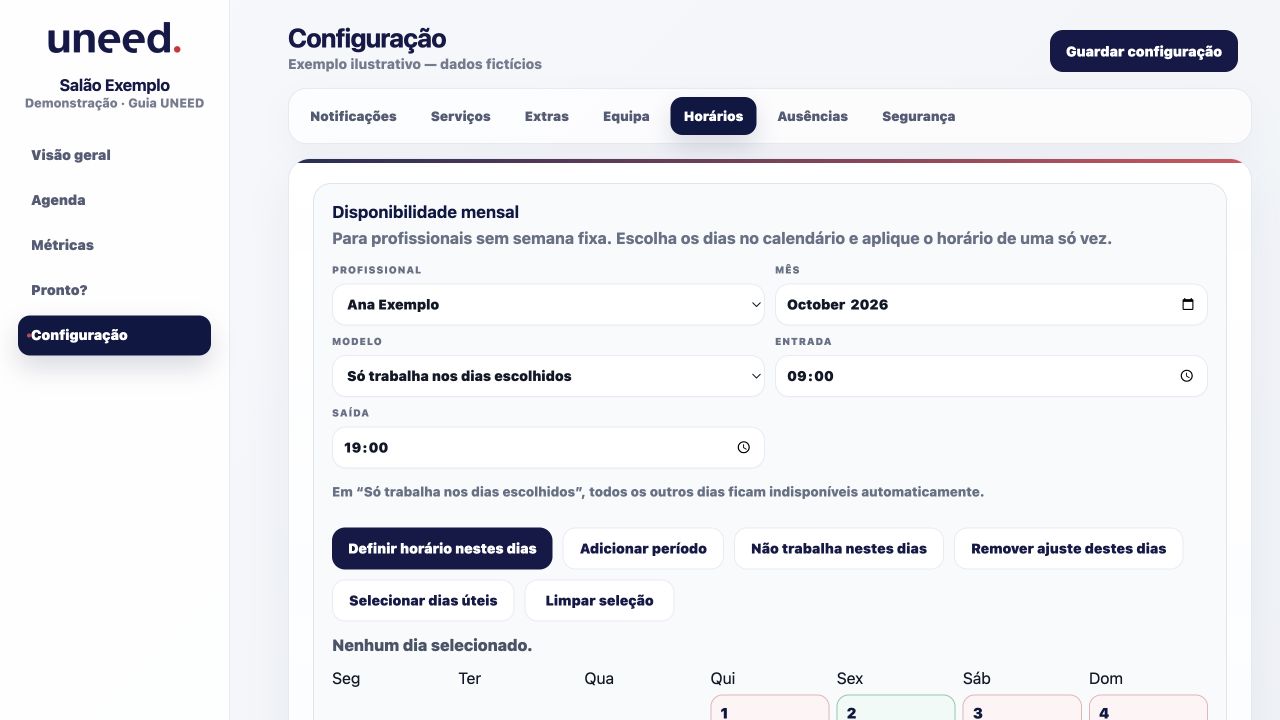 Disponibilidade mensal: modelo por datas e calendário do profissional.