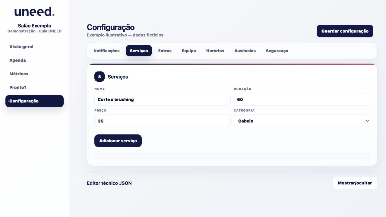 Configuração → Serviços: nome, duração em minutos e preço.