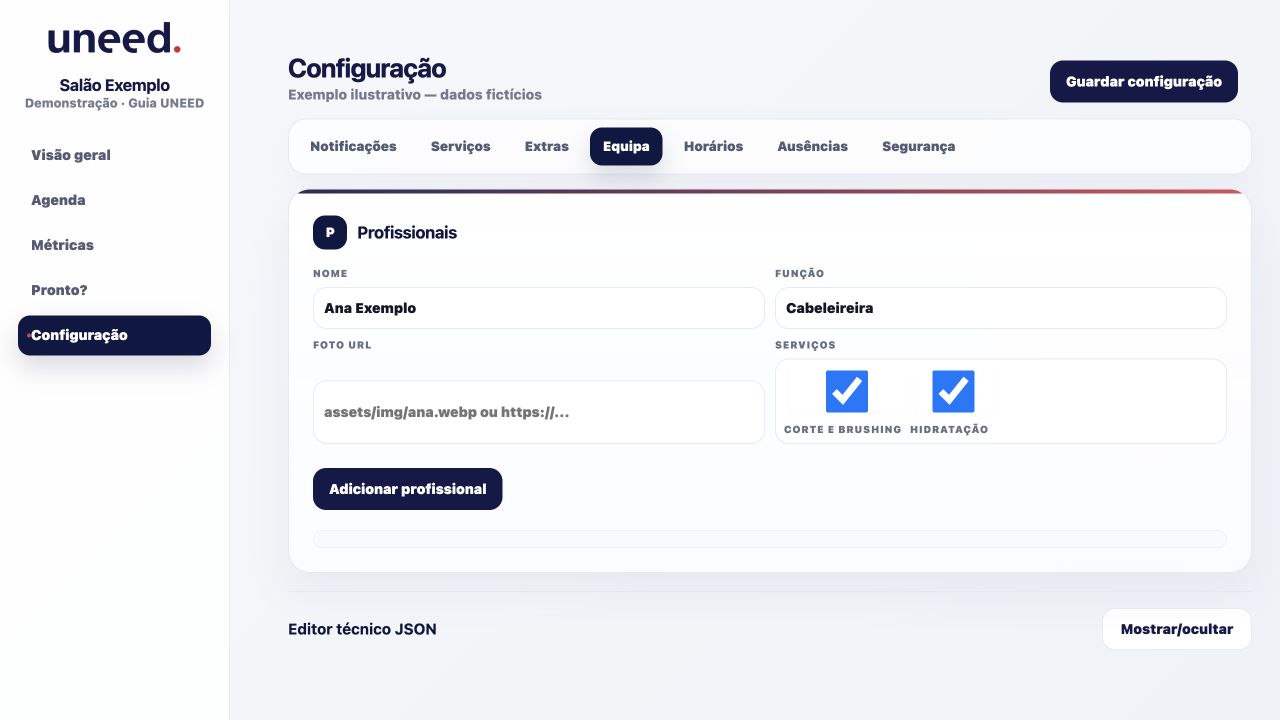 Configuração → Equipa: criação de um profissional e serviços associados.